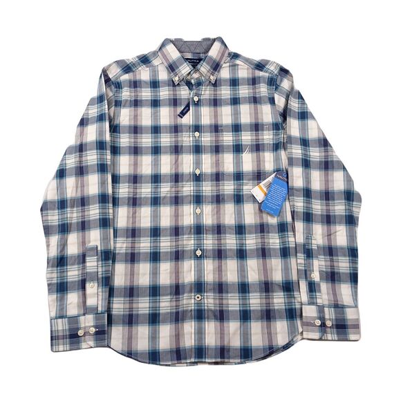 Nautica Plaid Shirt Mens‎ Small Sail White Blue Stretch Classic-Fit $79 - Picture 1 of 9